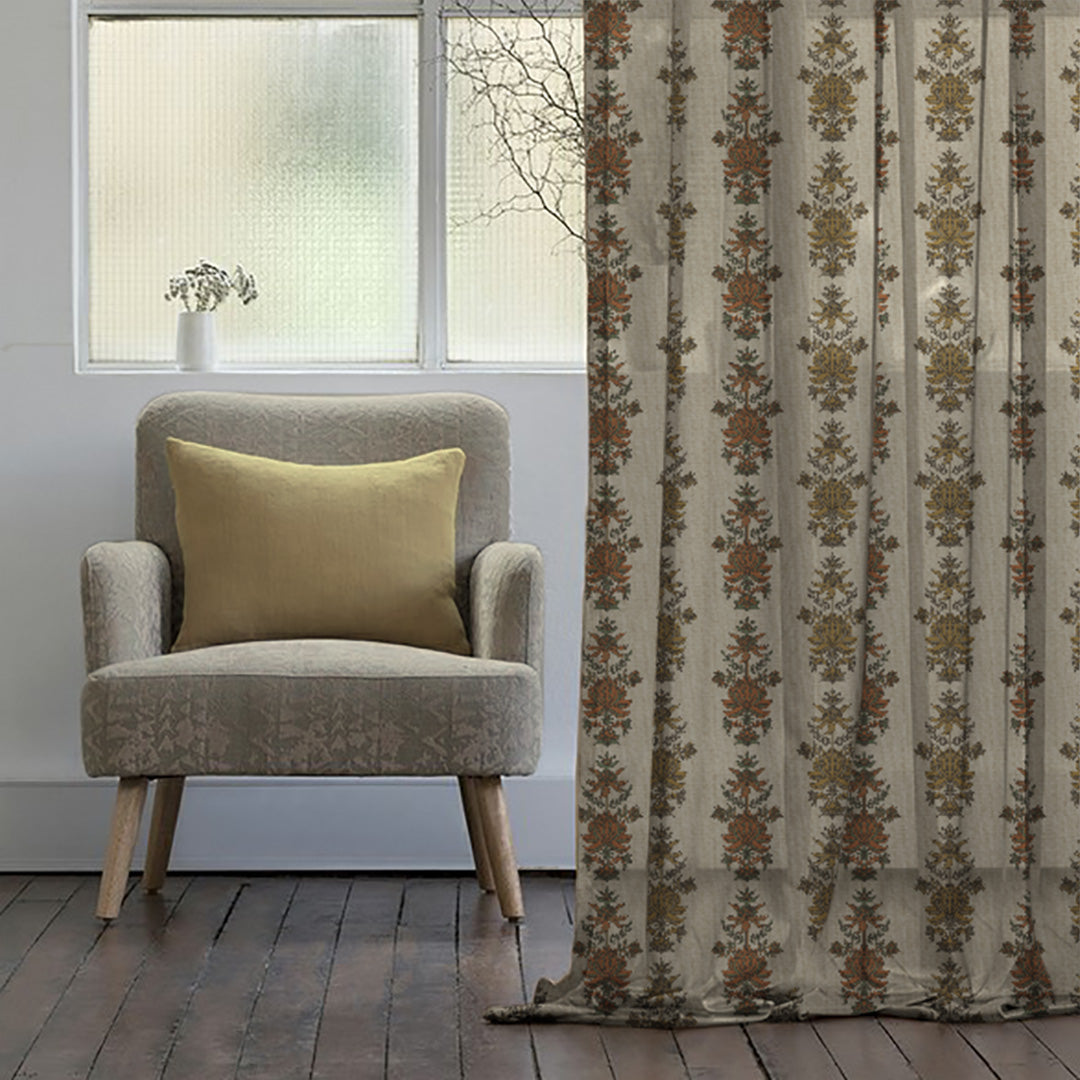 Desi Floral Indie Sand Beige Shimmer Sheer Semi Transparent Curtains Set Of 2- (DS547D)