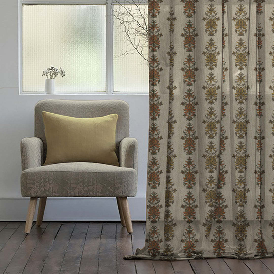 Desi Floral Indie Sand Beige Shimmer Sheer Semi Transparent Curtains Set Of 2- (DS547D)