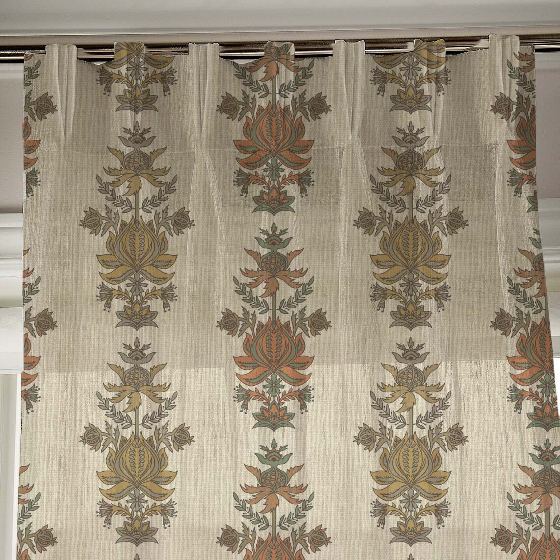 Desi Floral Indie Sand Beige Shimmer Sheer Semi Transparent Curtains Set Of 2- (DS547D)