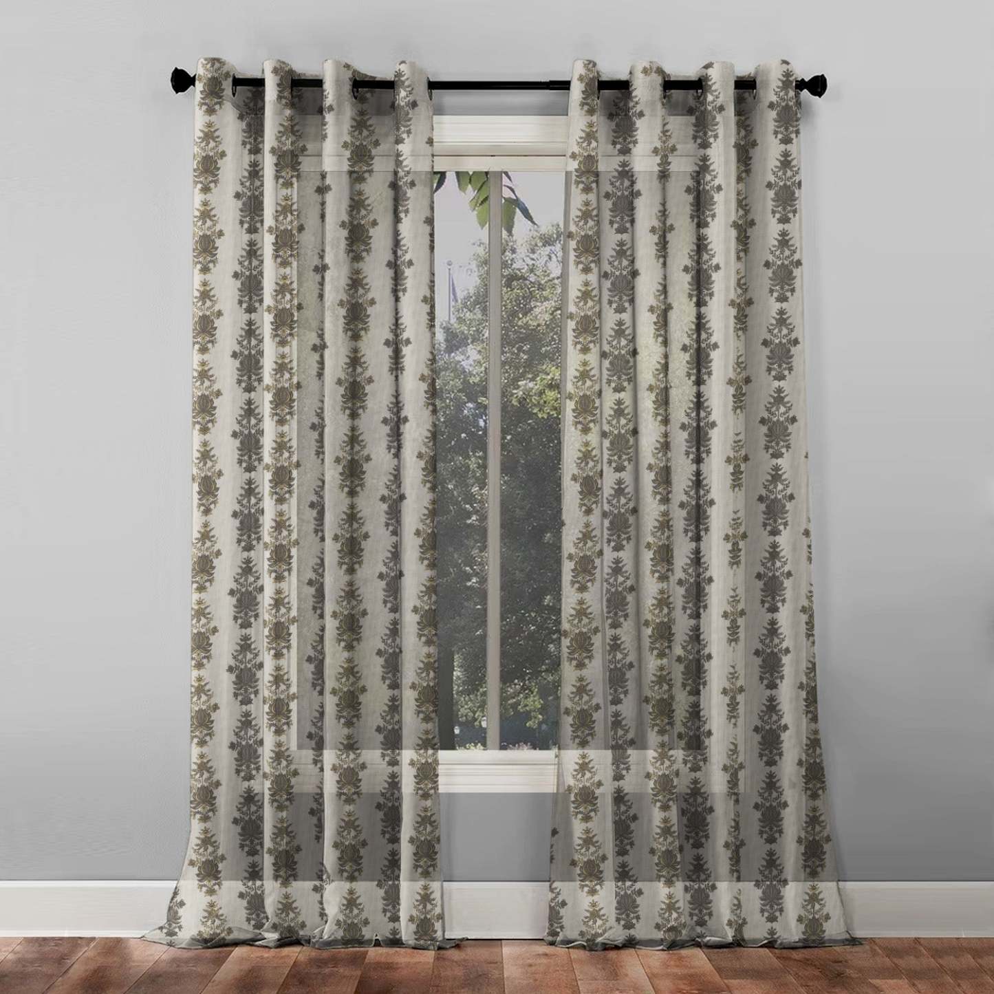 Desi Floral Indie Ash Beige Shimmer Sheer Semi Transparent Curtains Set Of 2- (DS547E)