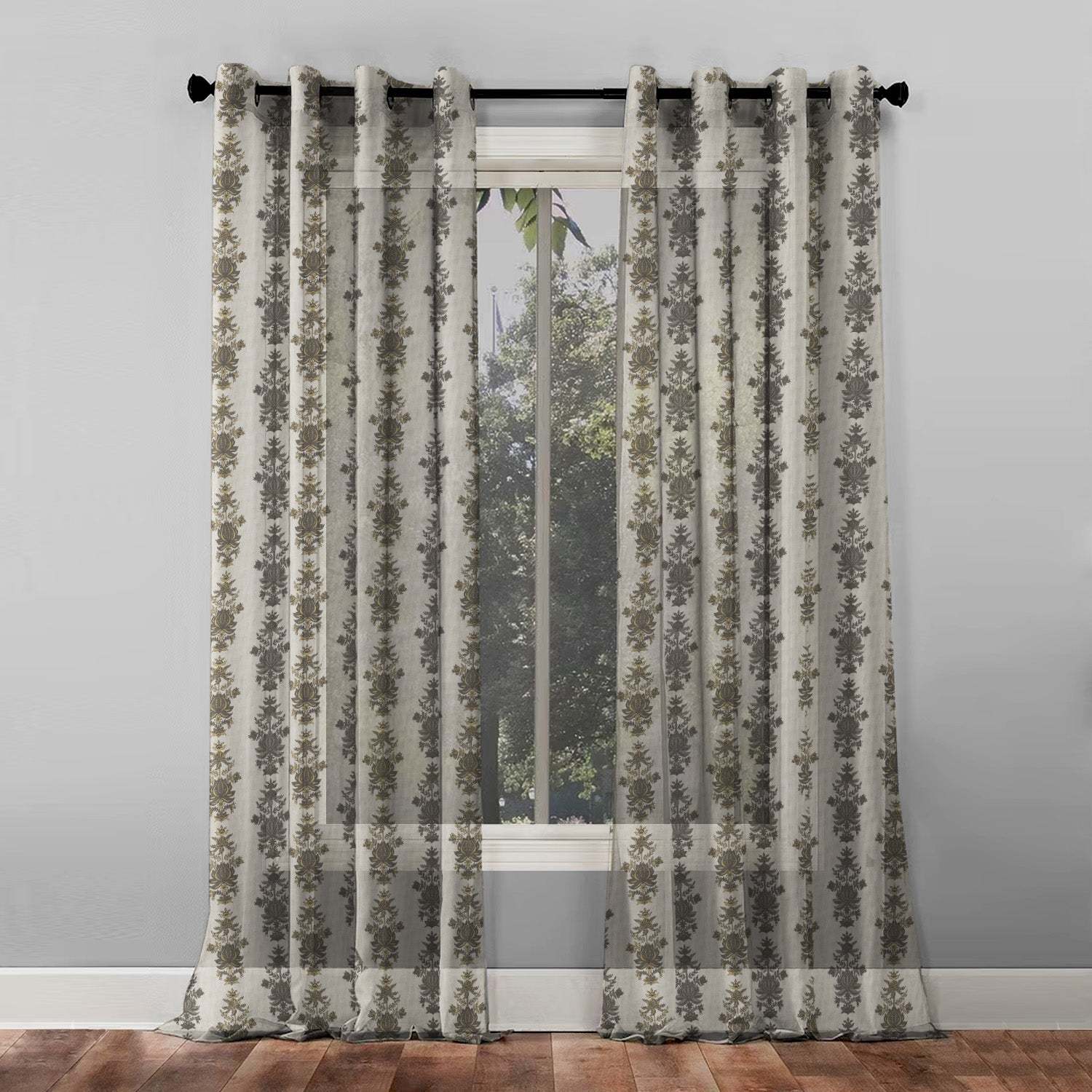 Desi Floral Indie Ash Beige Shimmer Sheer Semi Transparent Curtains Set Of 2- (DS547E)
