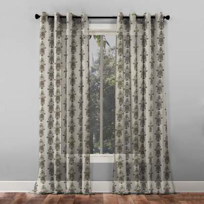 Desi Floral Indie Ash Beige Shimmer Sheer Semi Transparent Curtains Set Of 2- (DS547E)
