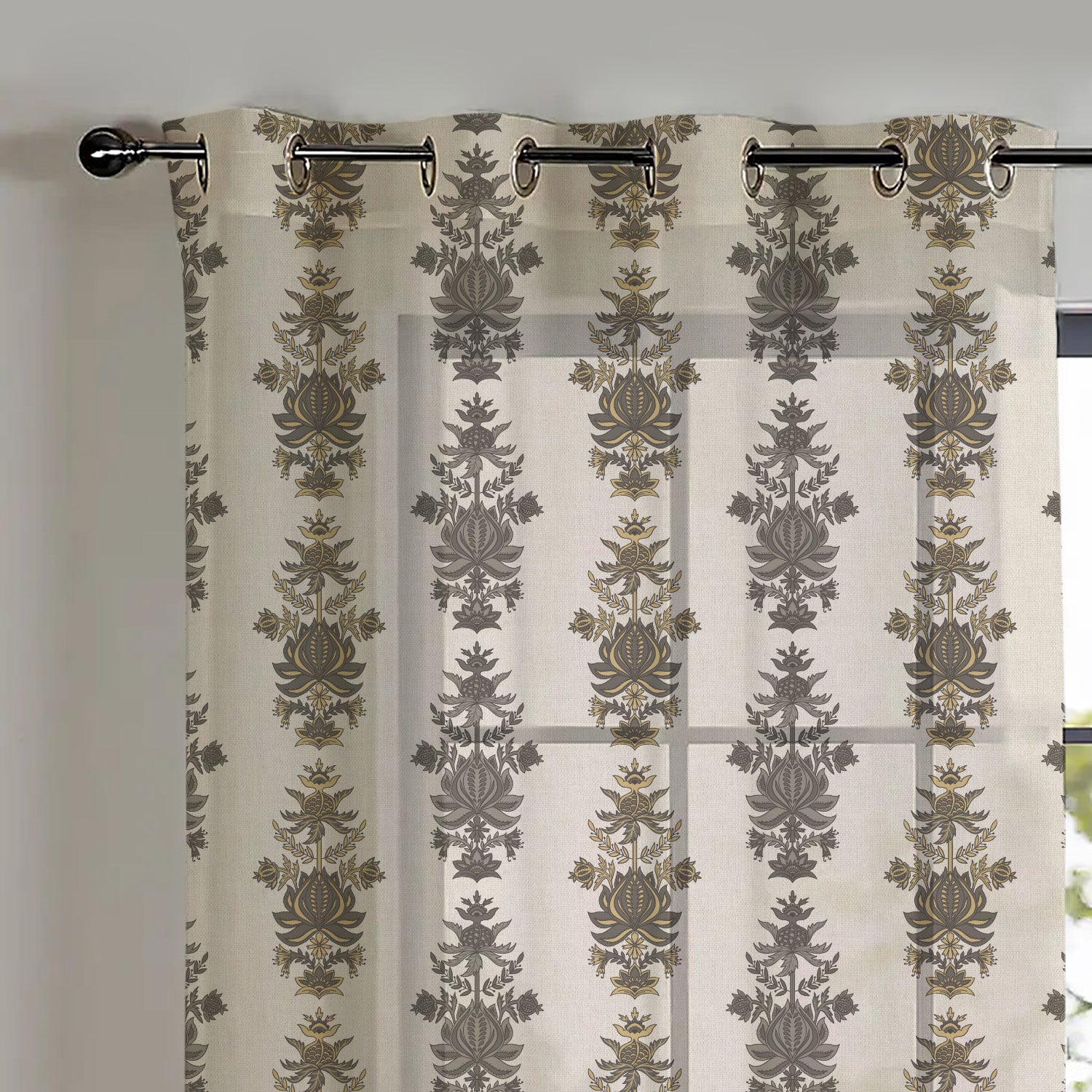 Desi Floral Indie Ash Beige Shimmer Sheer Semi Transparent Curtains Set Of 2- (DS547E)