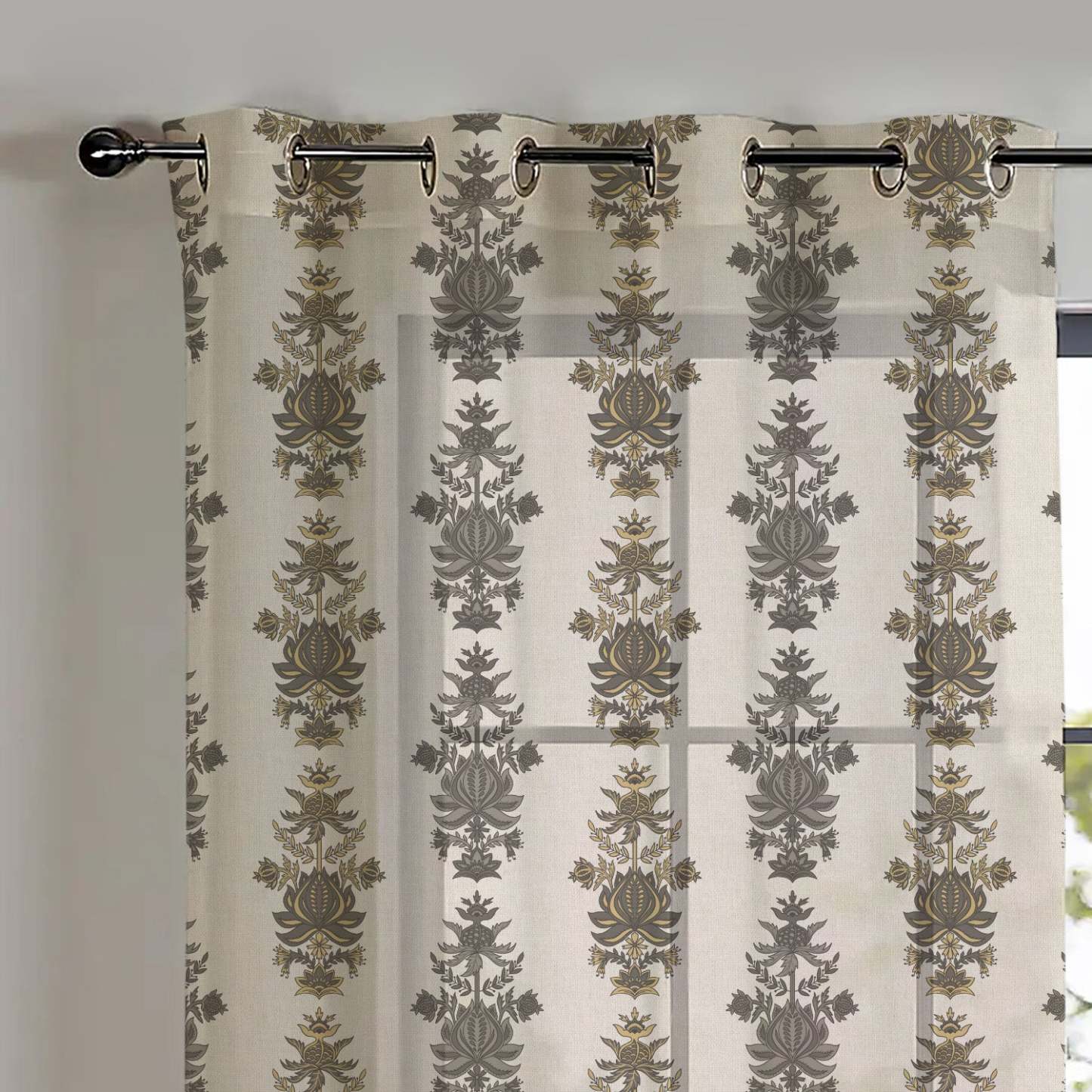Desi Floral Indie Ash Beige Shimmer Sheer Semi Transparent Curtains Set Of 2- (DS547E)