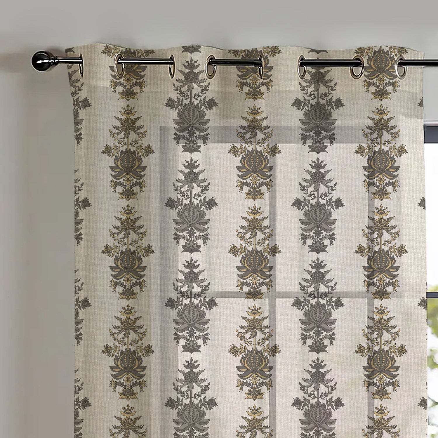 Desi Floral Indie Ash Beige Shimmer Sheer Semi Transparent Curtains Set Of 2- (DS547E)