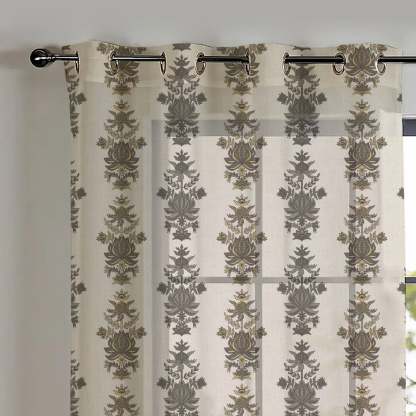 Desi Floral Indie Ash Beige Shimmer Sheer Semi Transparent Curtains Set Of 2- (DS547E)