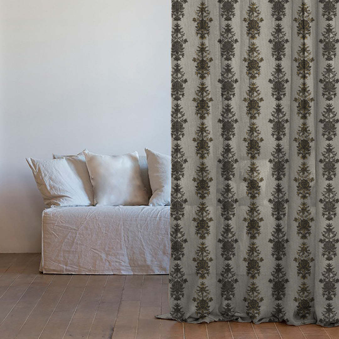 Desi Floral Indie Ash Beige Shimmer Sheer Semi Transparent Curtains Set Of 2- (DS547E)