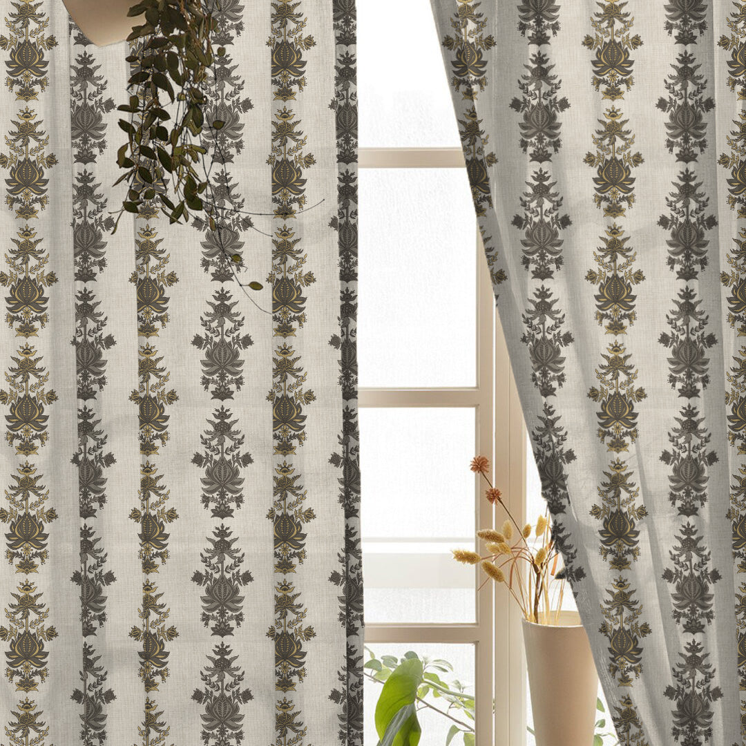 Desi Floral Indie Ash Beige Shimmer Sheer Semi Transparent Curtains Set Of 2- (DS547E)