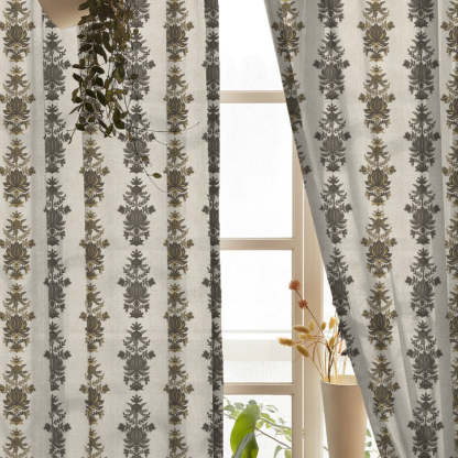 Desi Floral Indie Ash Beige Shimmer Sheer Semi Transparent Curtains Set Of 2- (DS547E)