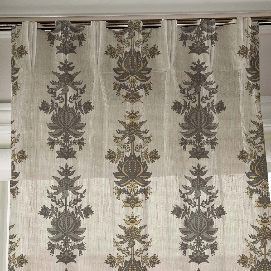 Desi Floral Indie Ash Beige Shimmer Sheer Semi Transparent Curtains Set Of 2- (DS547E)