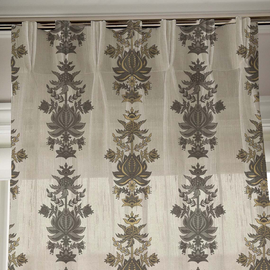 Desi Floral Indie Ash Beige Shimmer Sheer Semi Transparent Curtains Set Of 2- (DS547E)