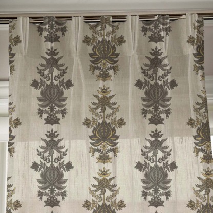 Desi Floral Indie Ash Beige Shimmer Sheer Semi Transparent Curtains Set Of 2- (DS547E)