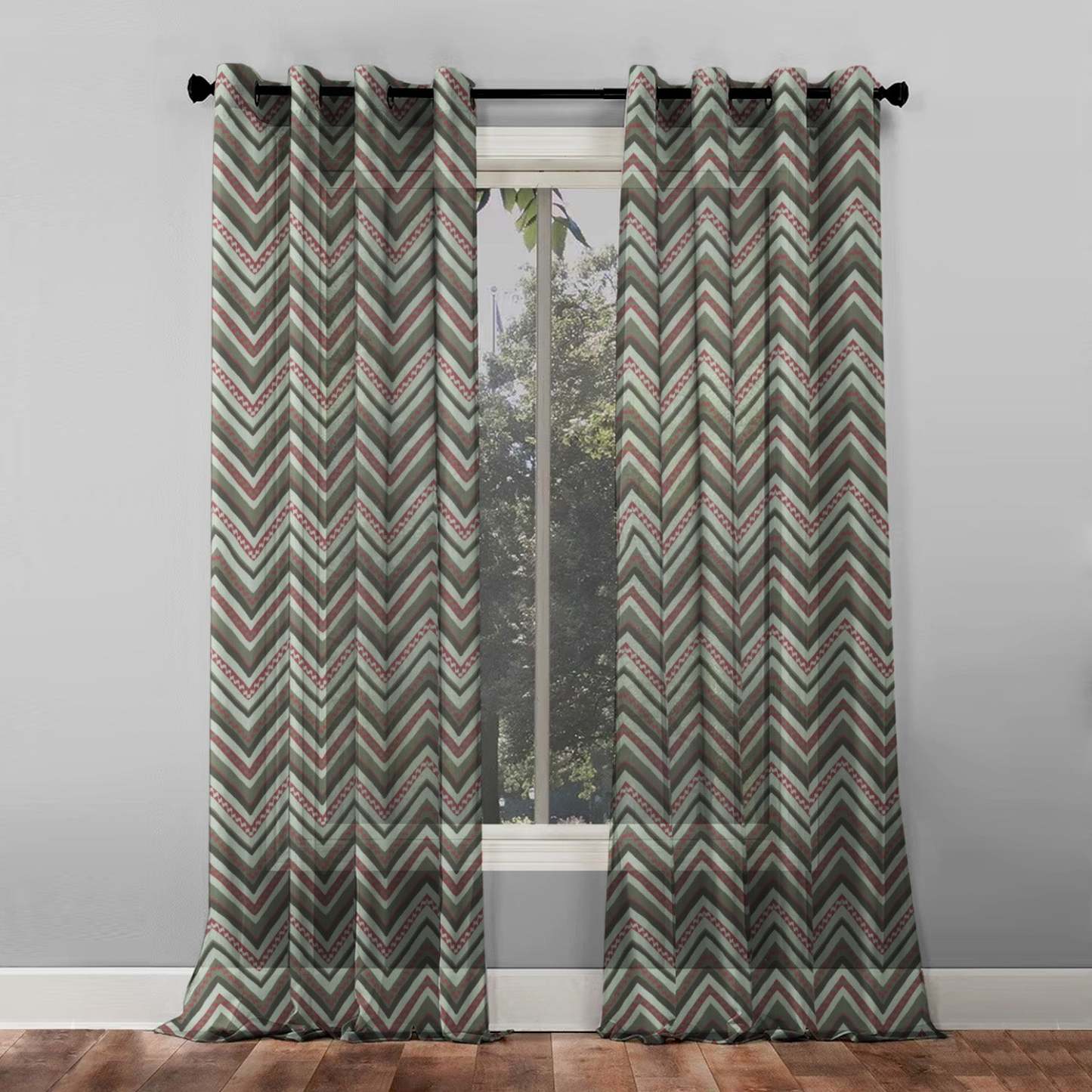 Chevron Harmony Geometric Seafoam Green Shimmer Sheer Semi Transparent Curtains Set Of 2- (DS548A)