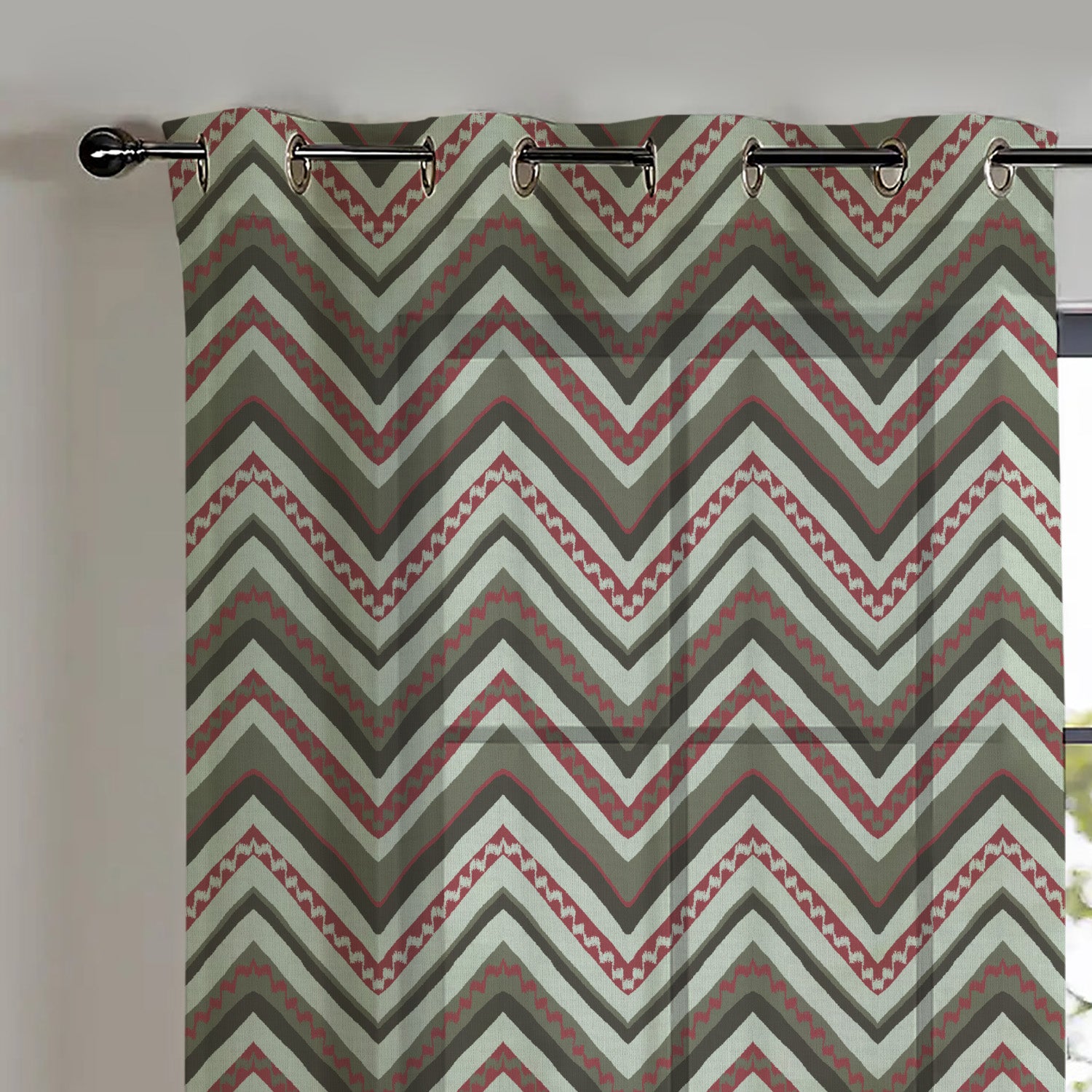 Chevron Harmony Geometric Seafoam Green Shimmer Sheer Semi Transparent Curtains Set Of 2- (DS548A)