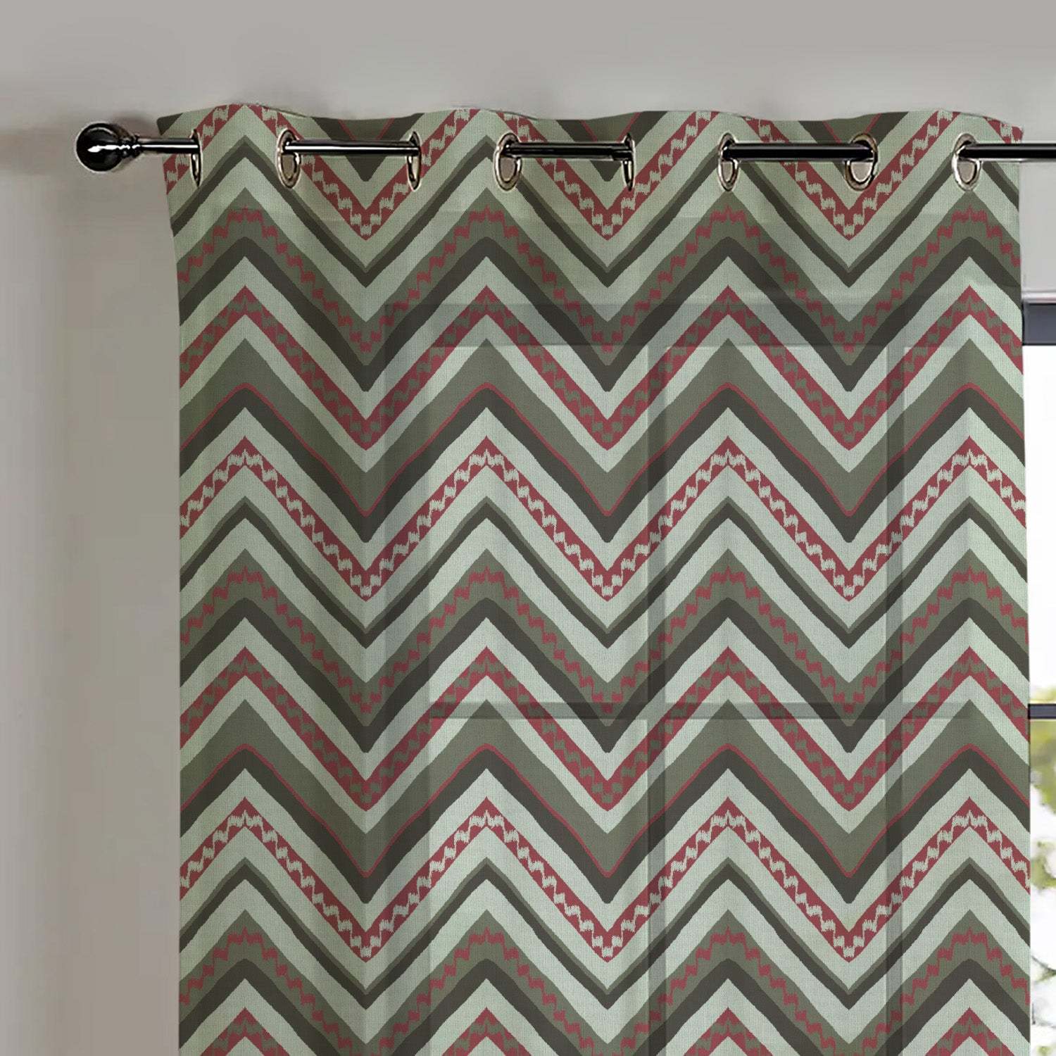 Chevron Harmony Geometric Seafoam Green Shimmer Sheer Semi Transparent Curtains Set Of 2- (DS548A)