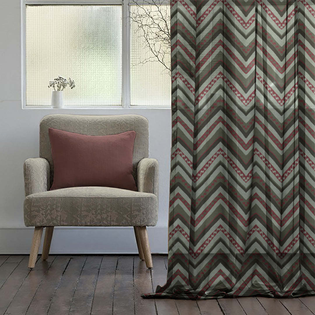 Chevron Harmony Geometric Seafoam Green Shimmer Sheer Semi Transparent Curtains Set Of 2- (DS548A)
