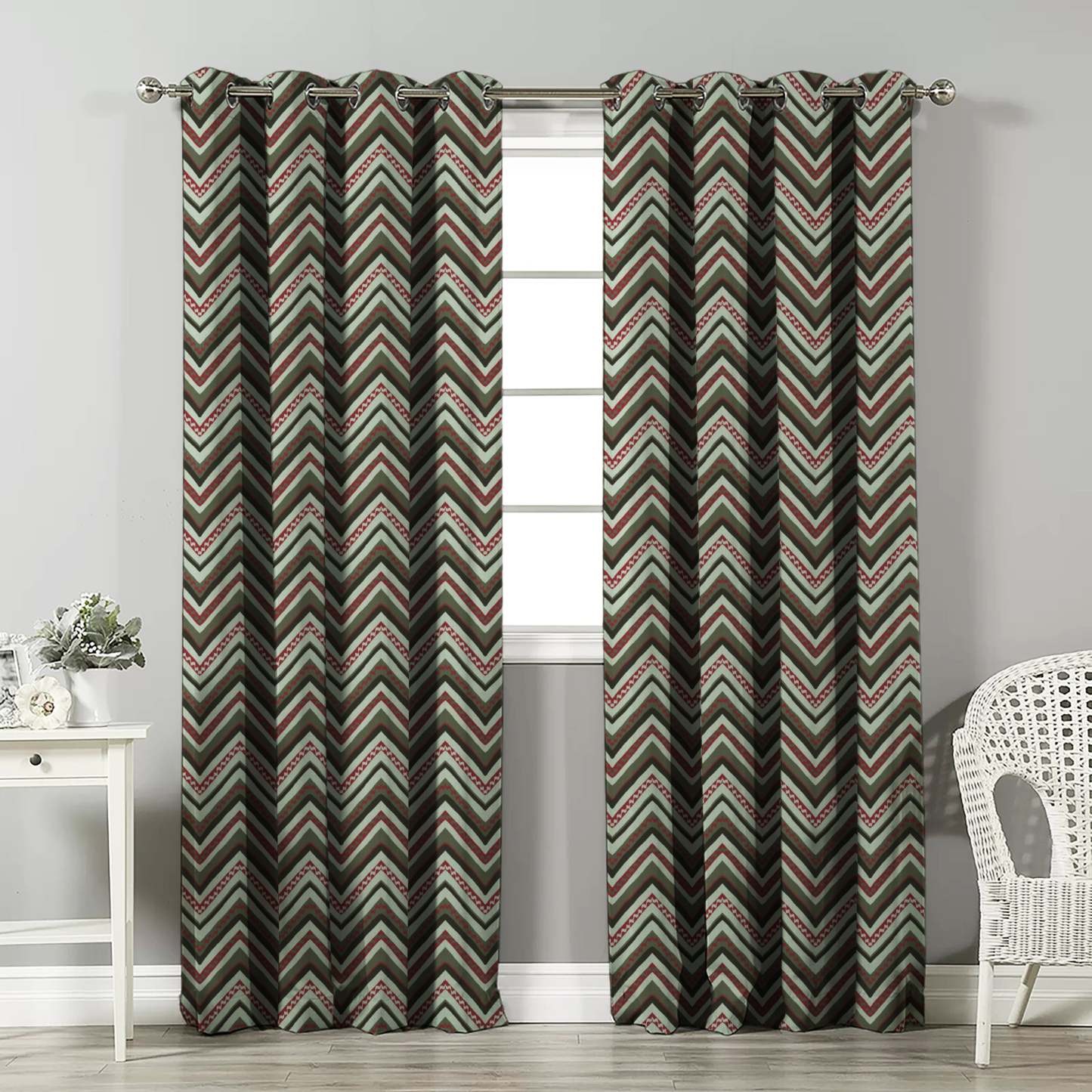 Chevron Harmony Geometric Seafoam Green Velvet Room Darkening Curtains Set Of 2 - (DS548A)