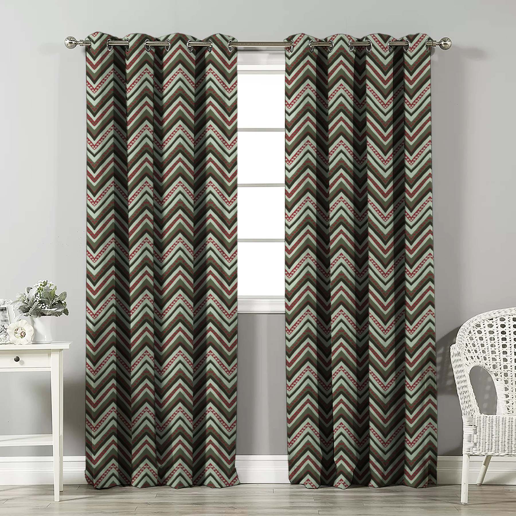 Chevron Harmony Geometric Seafoam Green Velvet Room Darkening Curtains Set Of 2 - (DS548A)