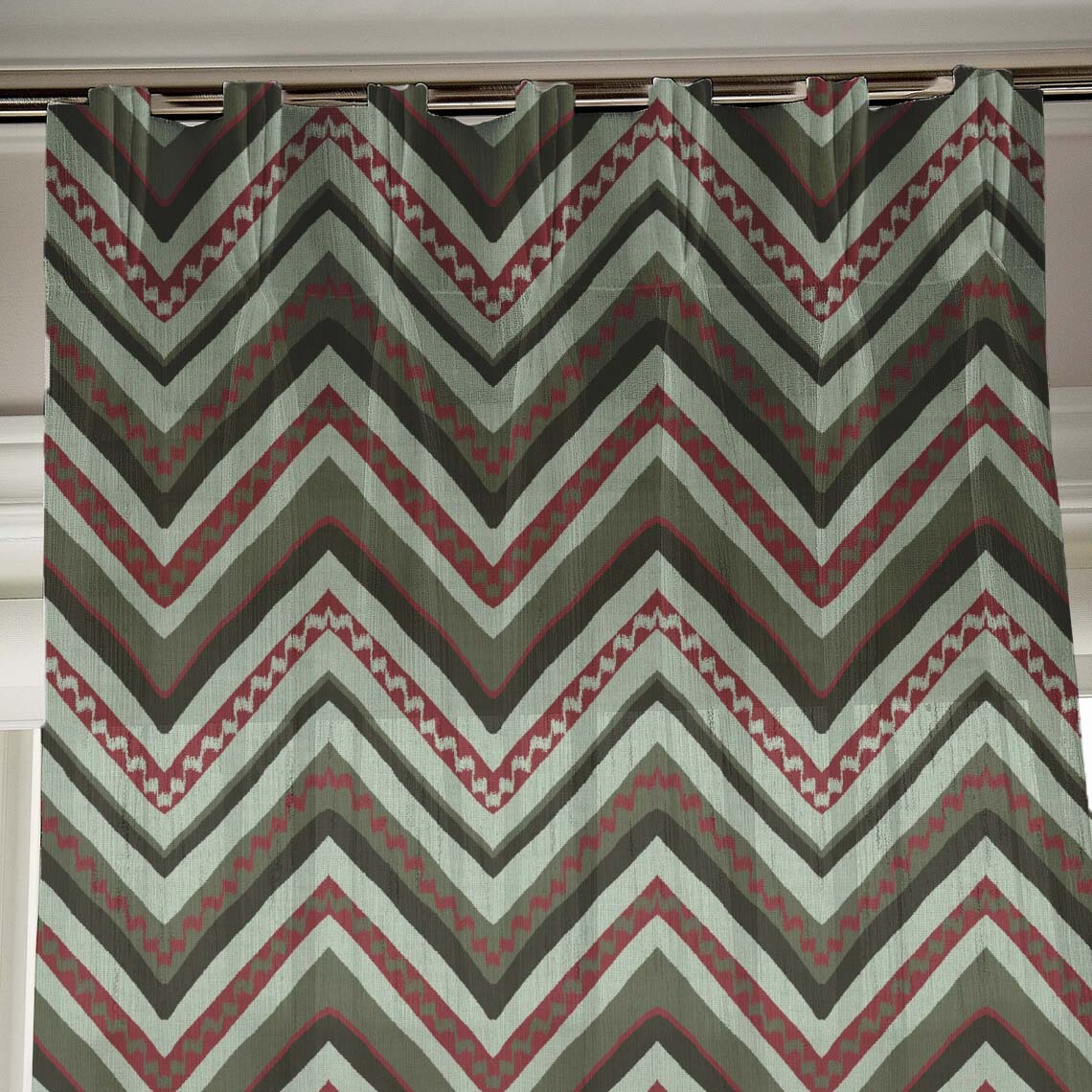 Chevron Harmony Geometric Seafoam Green Shimmer Sheer Semi Transparent Curtains Set Of 2- (DS548A)