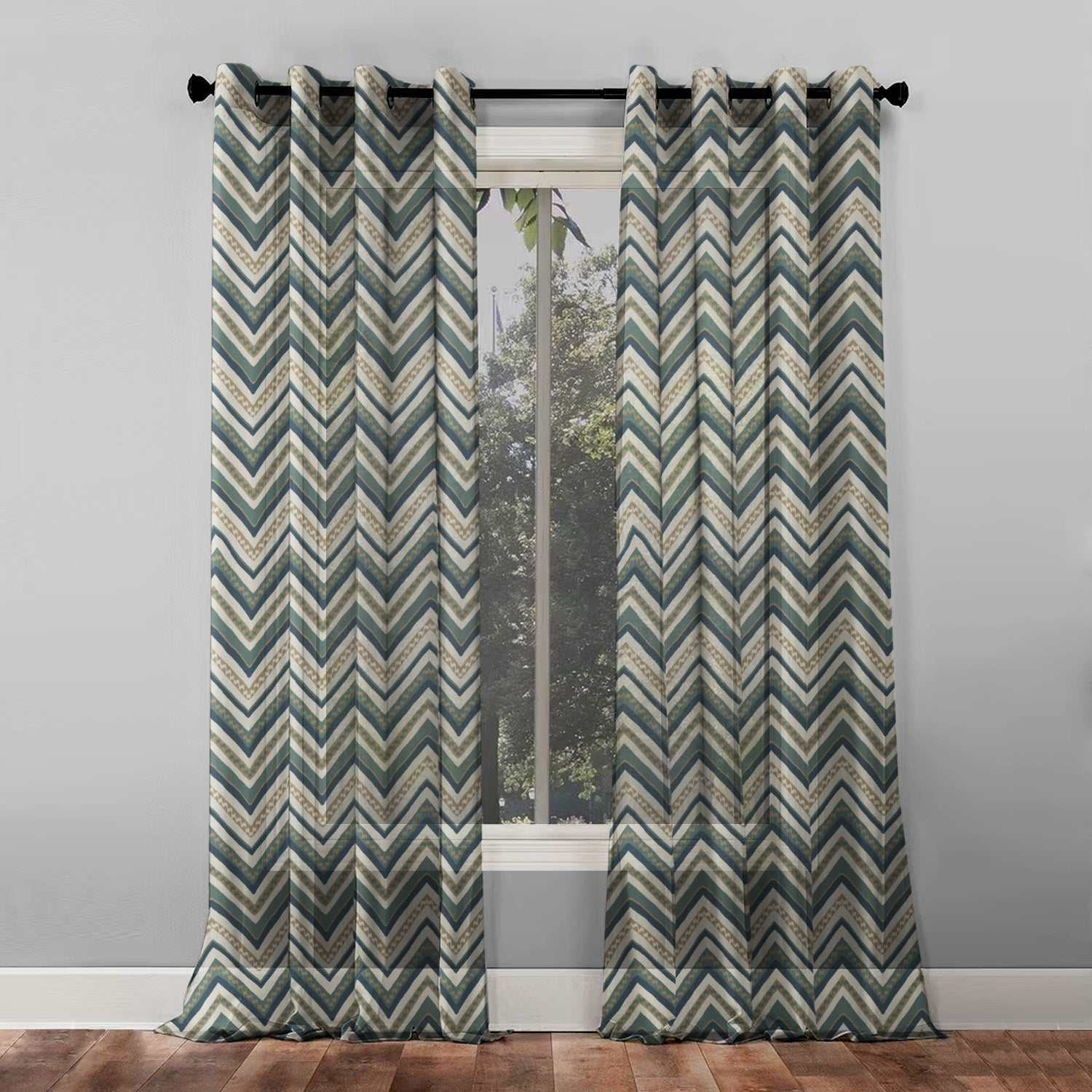 Chevron Harmony Geometric Ocean Blue Shimmer Sheer Semi Transparent Curtains Set Of 2- (DS548B)