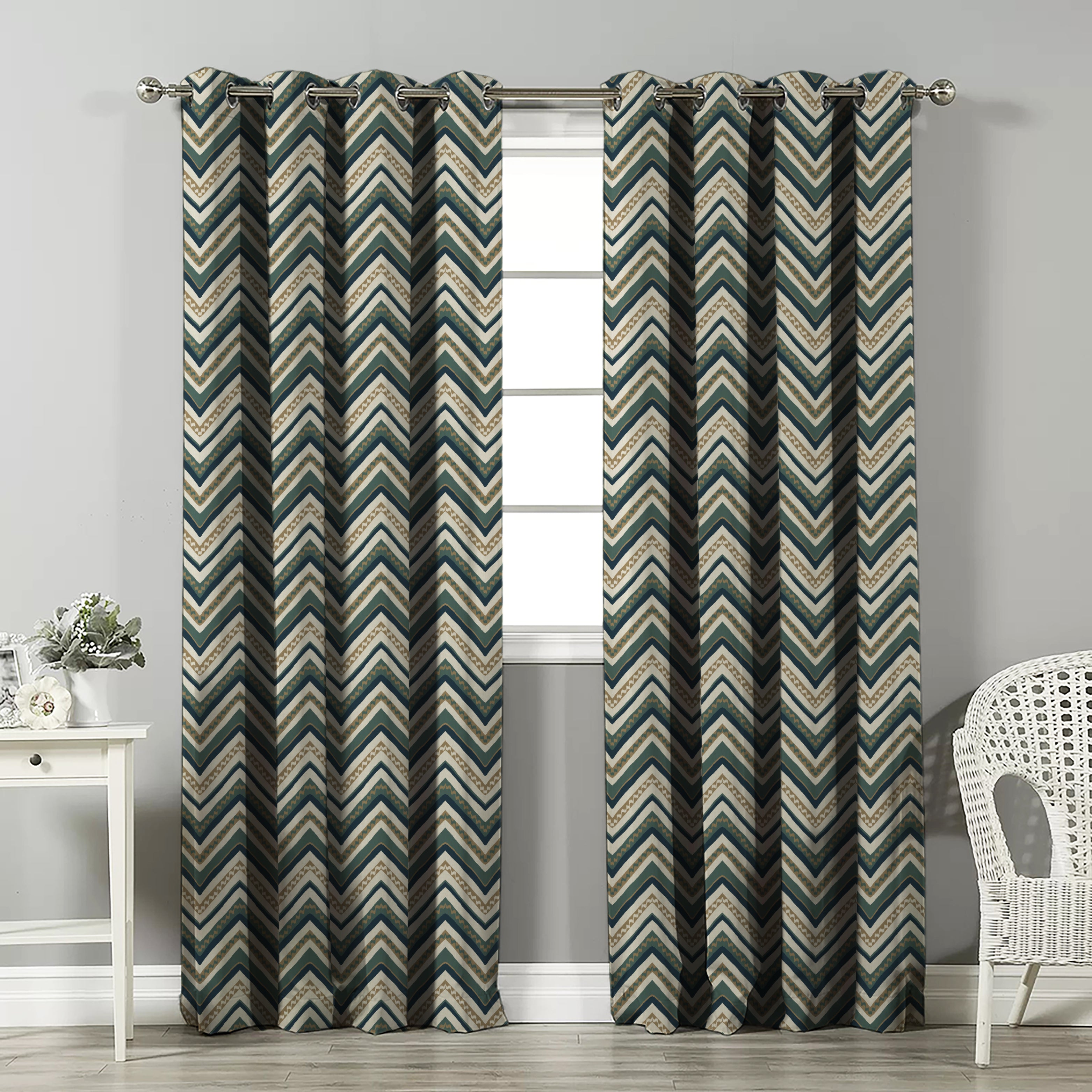 Chevron Harmony Geometric Ocean Blue Velvet Room Darkening Curtains Set Of 2 - (DS548B)