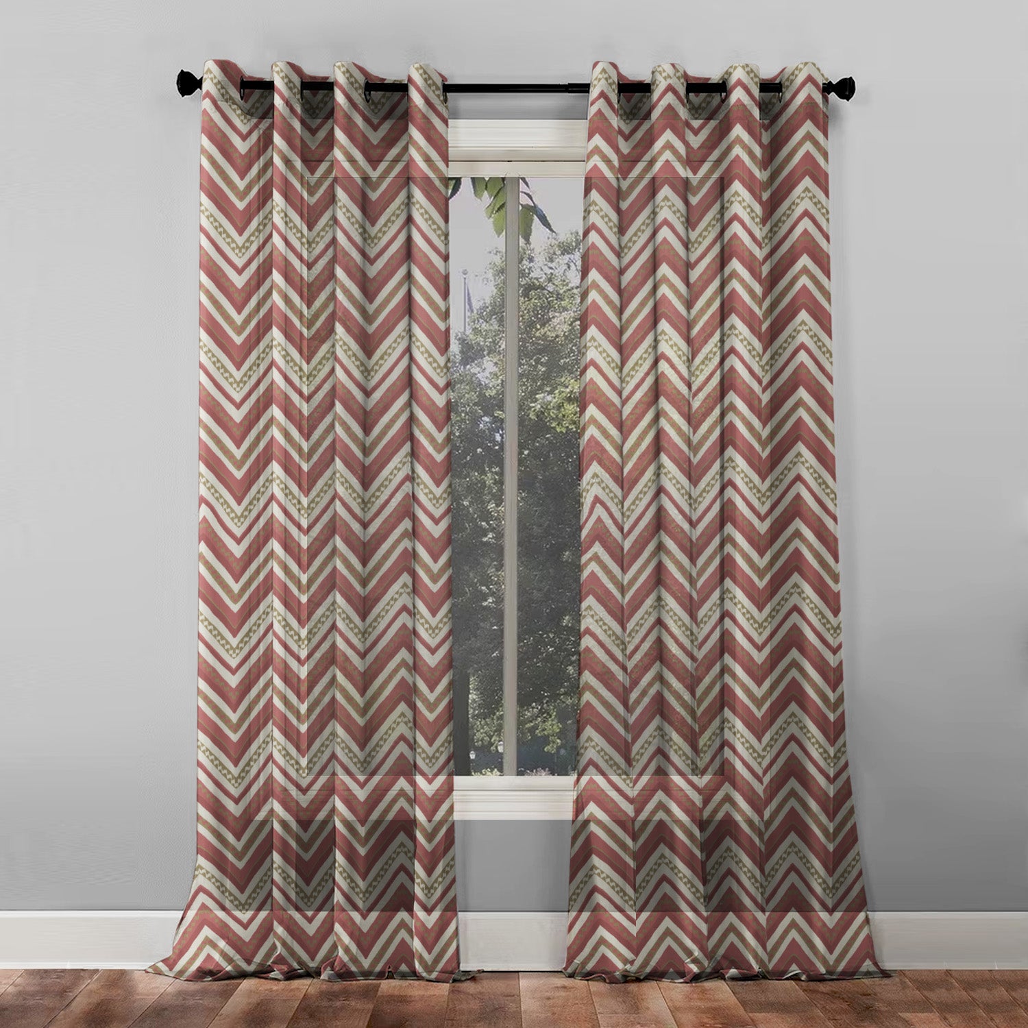 Chevron Harmony Geometric Barn Red Shimmer Sheer Semi Transparent Curtains Set Of 2- (DS548C)