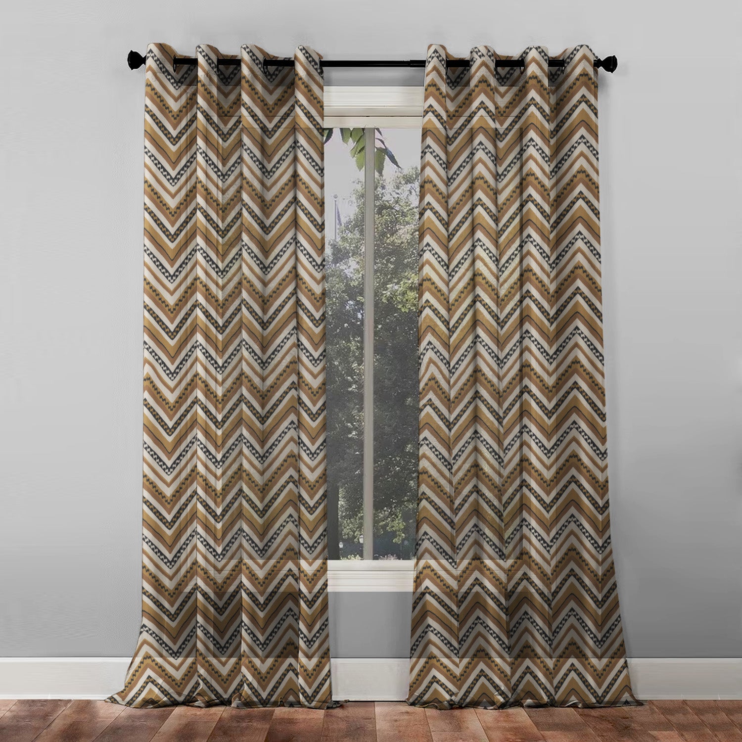 Chevron Harmony Geometric Mustard Yellow Shimmer Sheer Semi Transparent Curtains Set Of 2- (DS548F)
