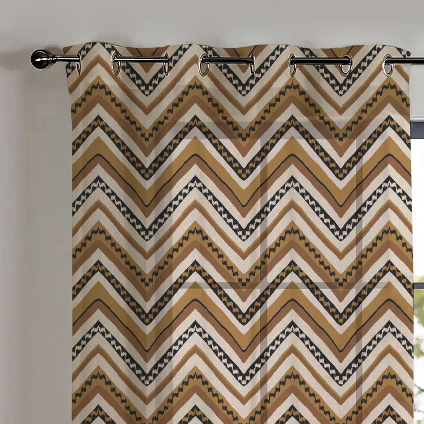Chevron Harmony Geometric Mustard Yellow Shimmer Sheer Semi Transparent Curtains Set Of 2- (DS548F)