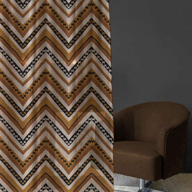 Chevron Harmony Geometric Mustard Yellow Shimmer Sheer Semi Transparent Curtains Set Of 2- (DS548F)