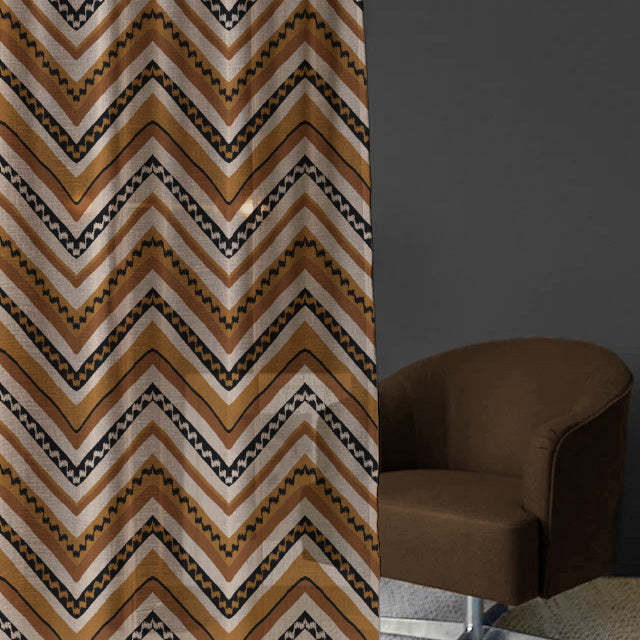 Chevron Harmony Geometric Mustard Yellow Shimmer Sheer Semi Transparent Curtains Set Of 2- (DS548F)