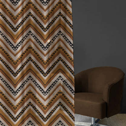Chevron Harmony Geometric Mustard Yellow Shimmer Sheer Semi Transparent Curtains Set Of 2- (DS548F)