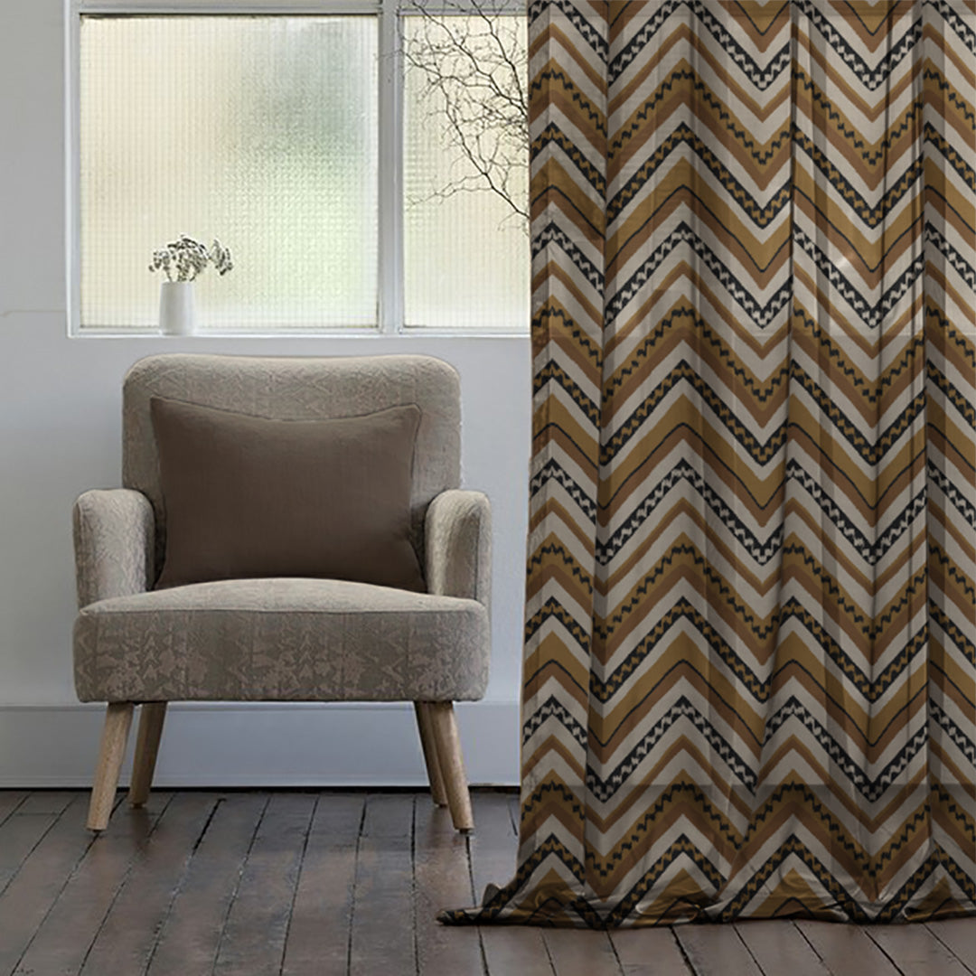 Chevron Harmony Geometric Mustard Yellow Shimmer Sheer Semi Transparent Curtains Set Of 2- (DS548F)