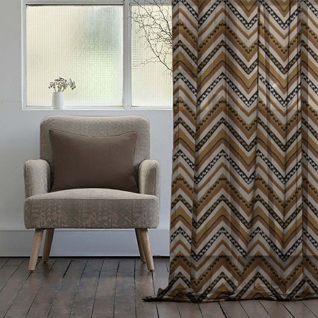 Chevron Harmony Geometric Mustard Yellow Shimmer Sheer Semi Transparent Curtains Set Of 2- (DS548F)