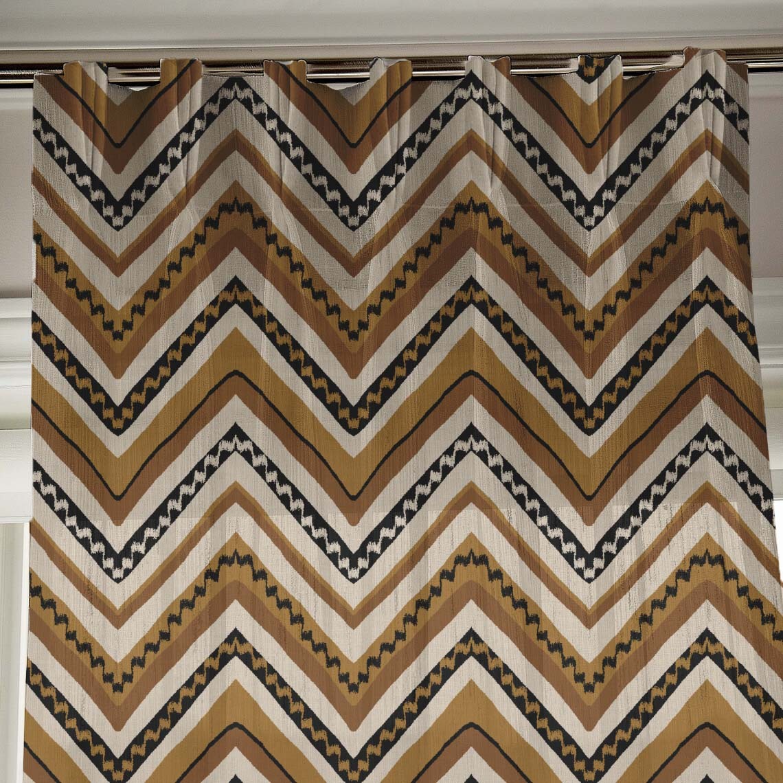 Chevron Harmony Geometric Mustard Yellow Shimmer Sheer Semi Transparent Curtains Set Of 2- (DS548F)