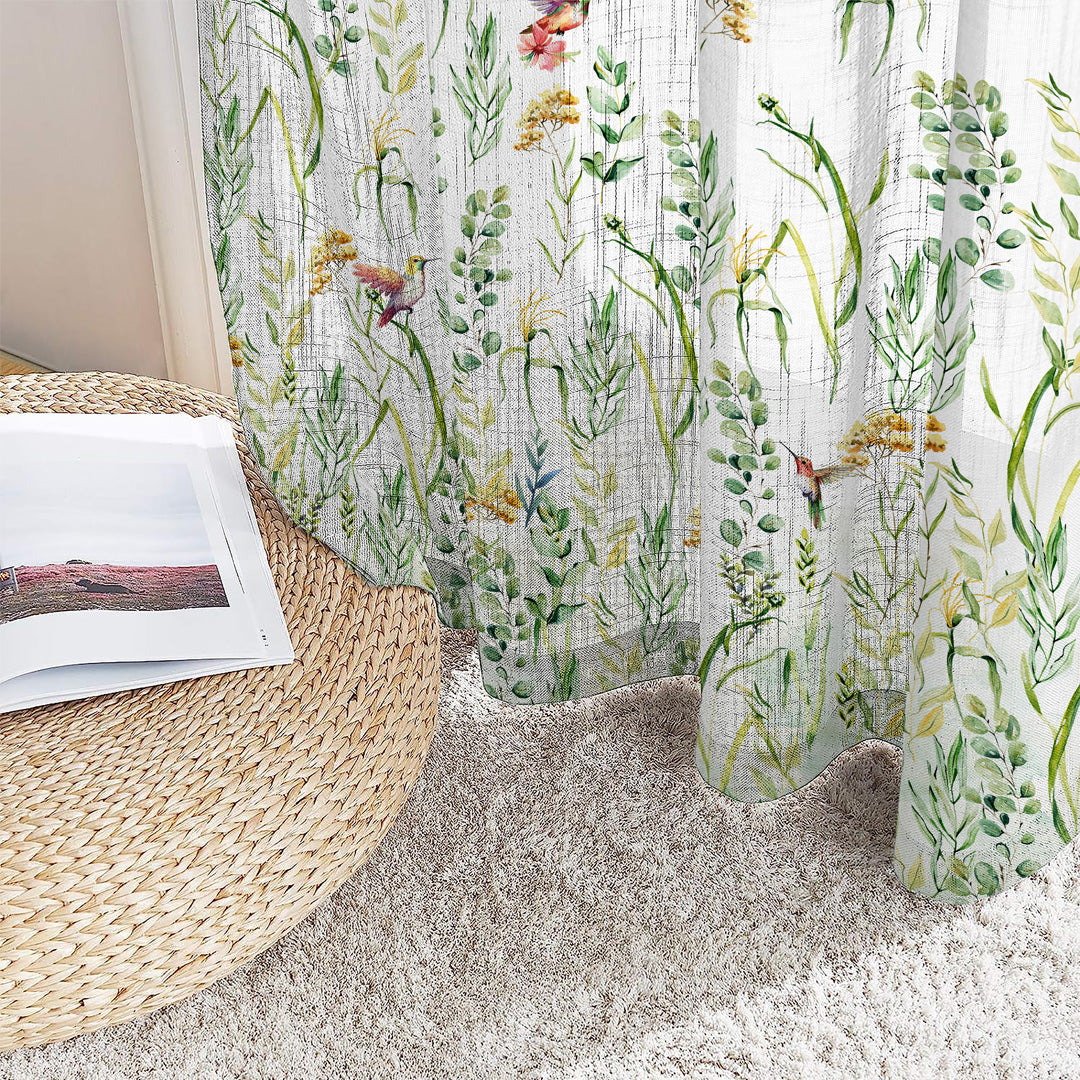 Garden Grace Floral Linen Sheer Curtain Set Of 2 DS549