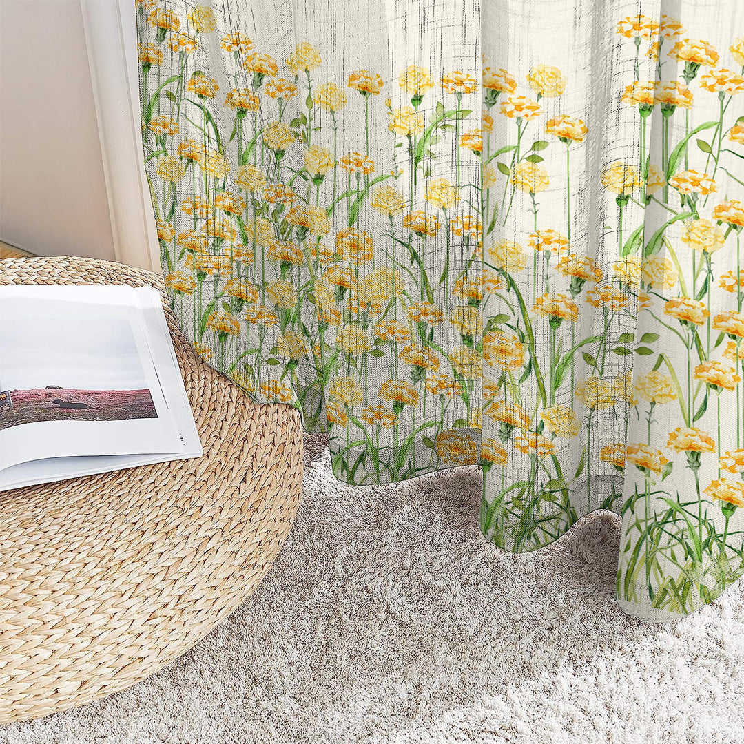 Marigold Bliss Floral Linen Sheer Curtain Set Of 2 DS551