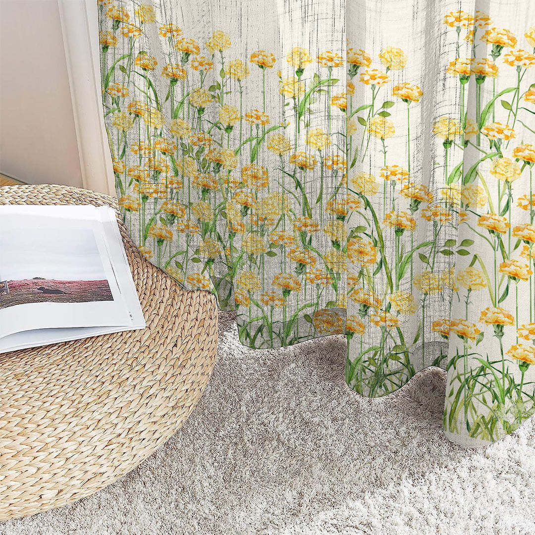Marigold Bliss Floral Linen Sheer Curtain Set Of 2 DS551