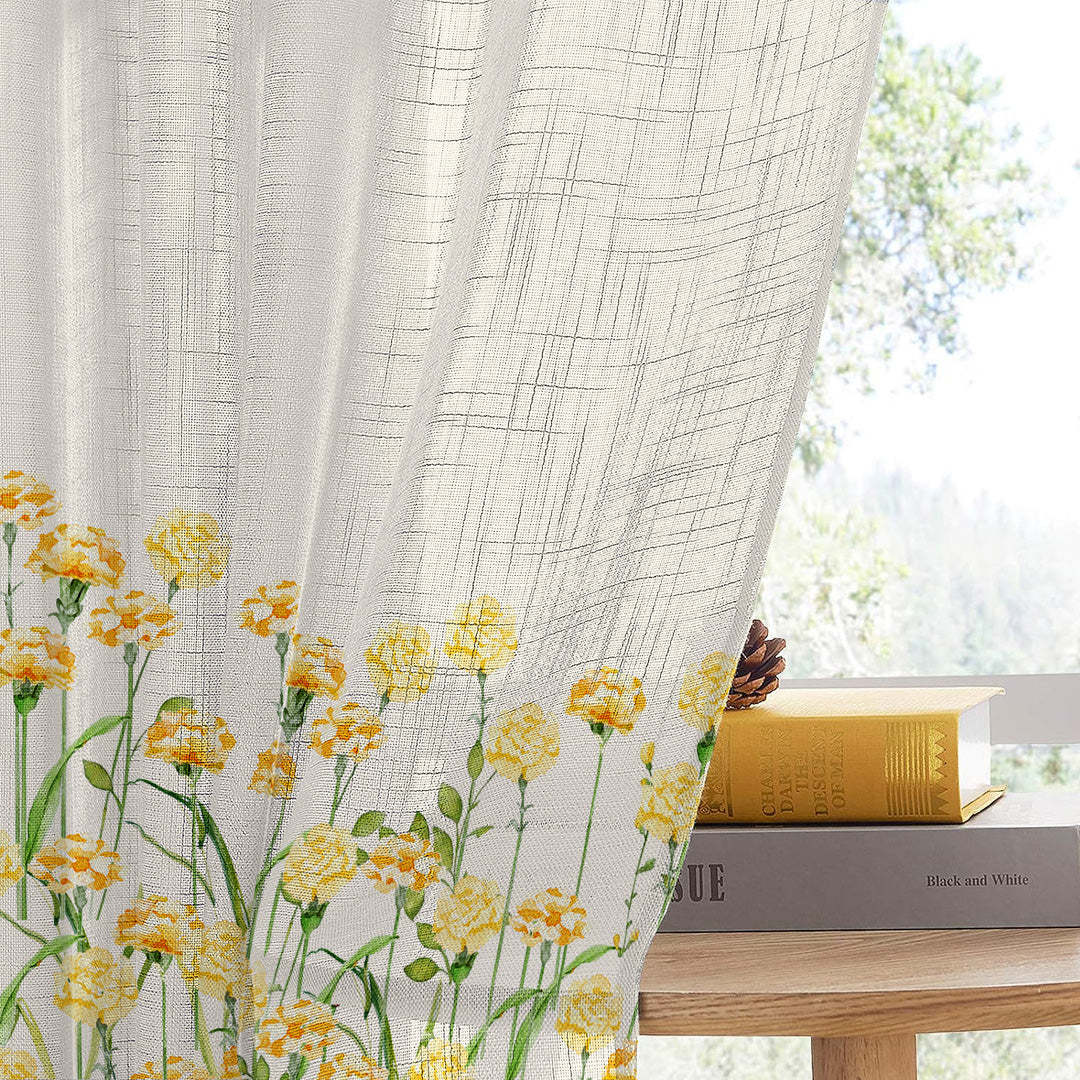 Marigold Bliss Floral Linen Sheer Curtain Set Of 2 DS551