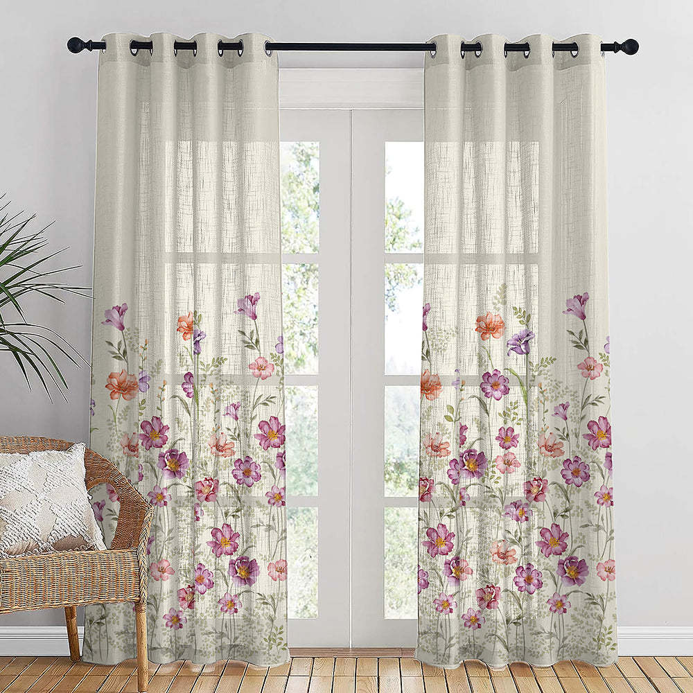 Pastel Posy Floral Linen Sheer Curtain Set Of 2 DS553