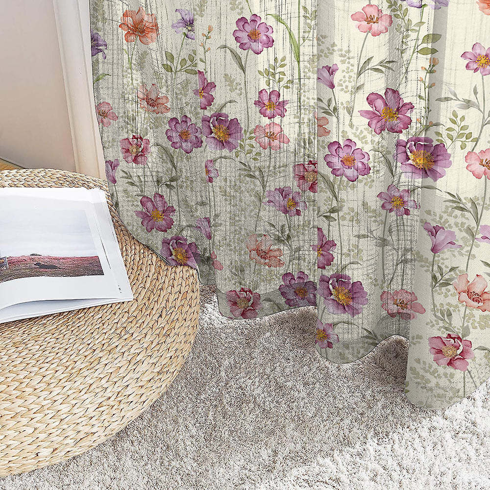 Pastel Posy Floral Linen Sheer Curtain Set Of 2 DS553