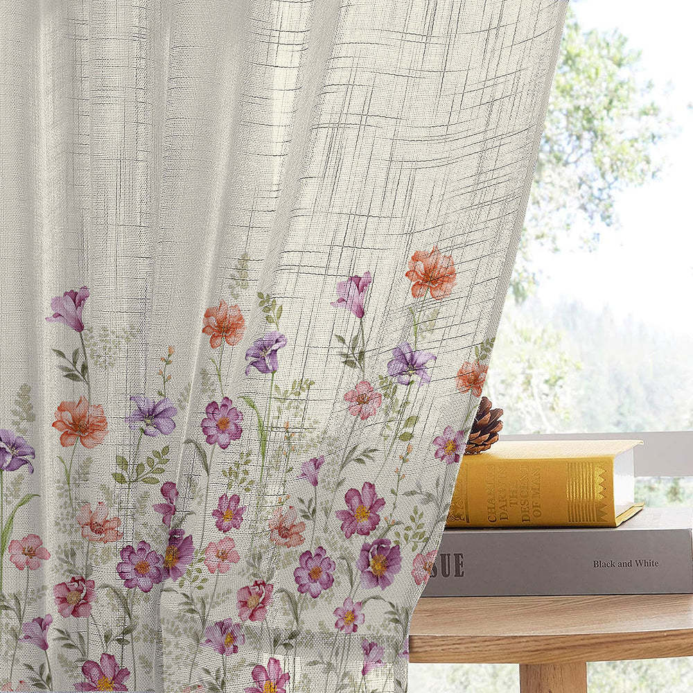 Pastel Posy Floral Linen Sheer Curtain Set Of 2 DS553