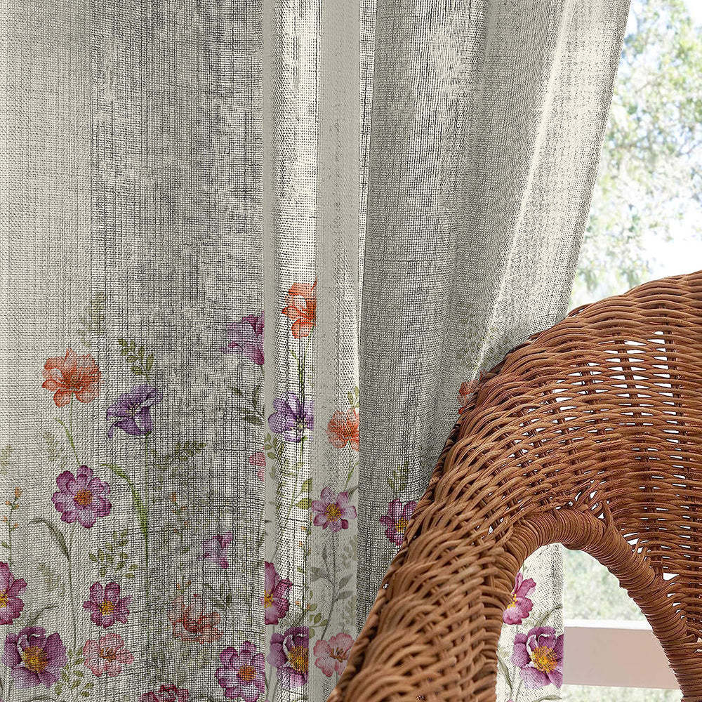 Pastel Posy Floral Linen Sheer Curtain Set Of 2 DS553