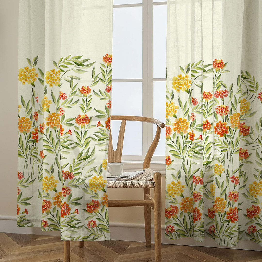 Sun-kissed Marigold Floral Saffron Yellow Matte Finish Room Darkening Curtains Set Of 2 - (DS554)