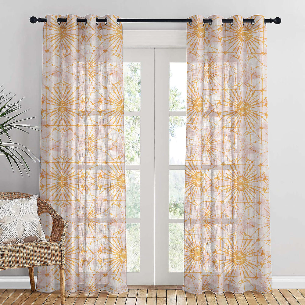 DyeDreams Geometric Harvest Gold Linen Sheer Curtain Set of 2 -(DS557A)
