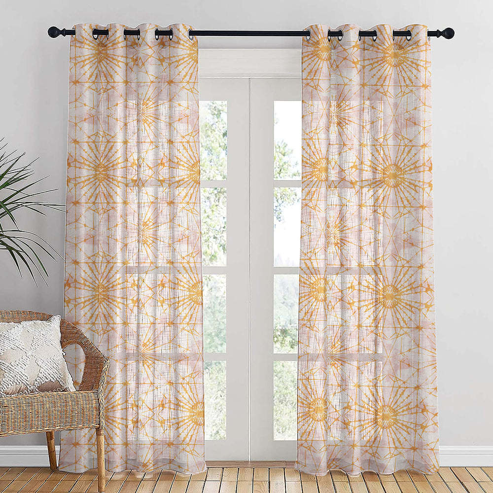 DyeDreams Geometric Harvest Gold Linen Sheer Curtain Set of 2 -(DS557A)
