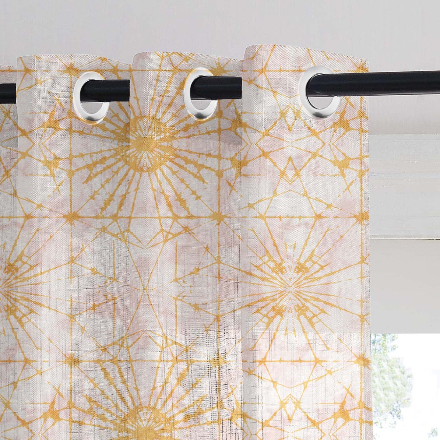 DyeDreams Geometric Harvest Gold Linen Sheer Curtain Set of 2 -(DS557A)