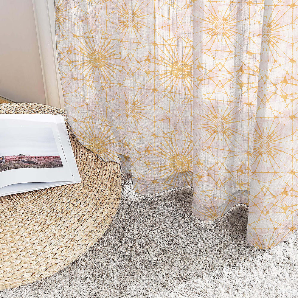 DyeDreams Geometric Harvest Gold Linen Sheer Curtain Set of 2 -(DS557A)