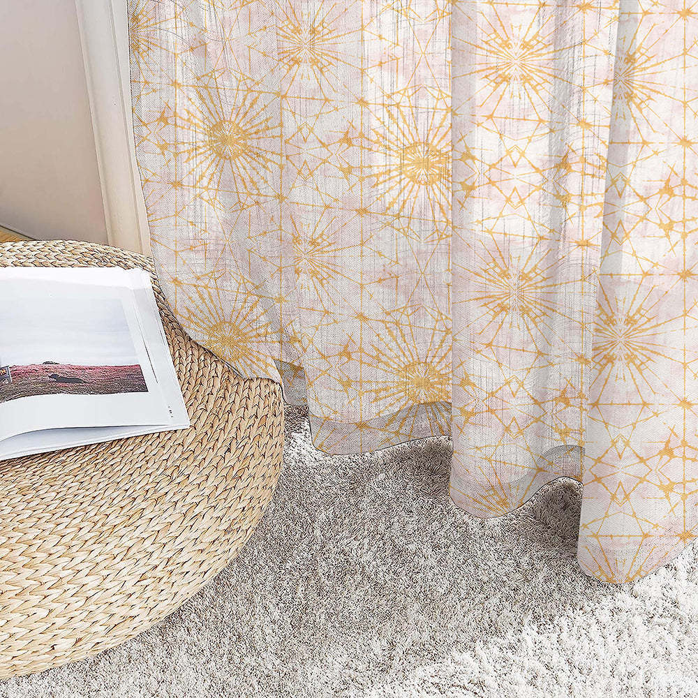 DyeDreams Geometric Harvest Gold Linen Sheer Curtain Set of 2 -(DS557A)