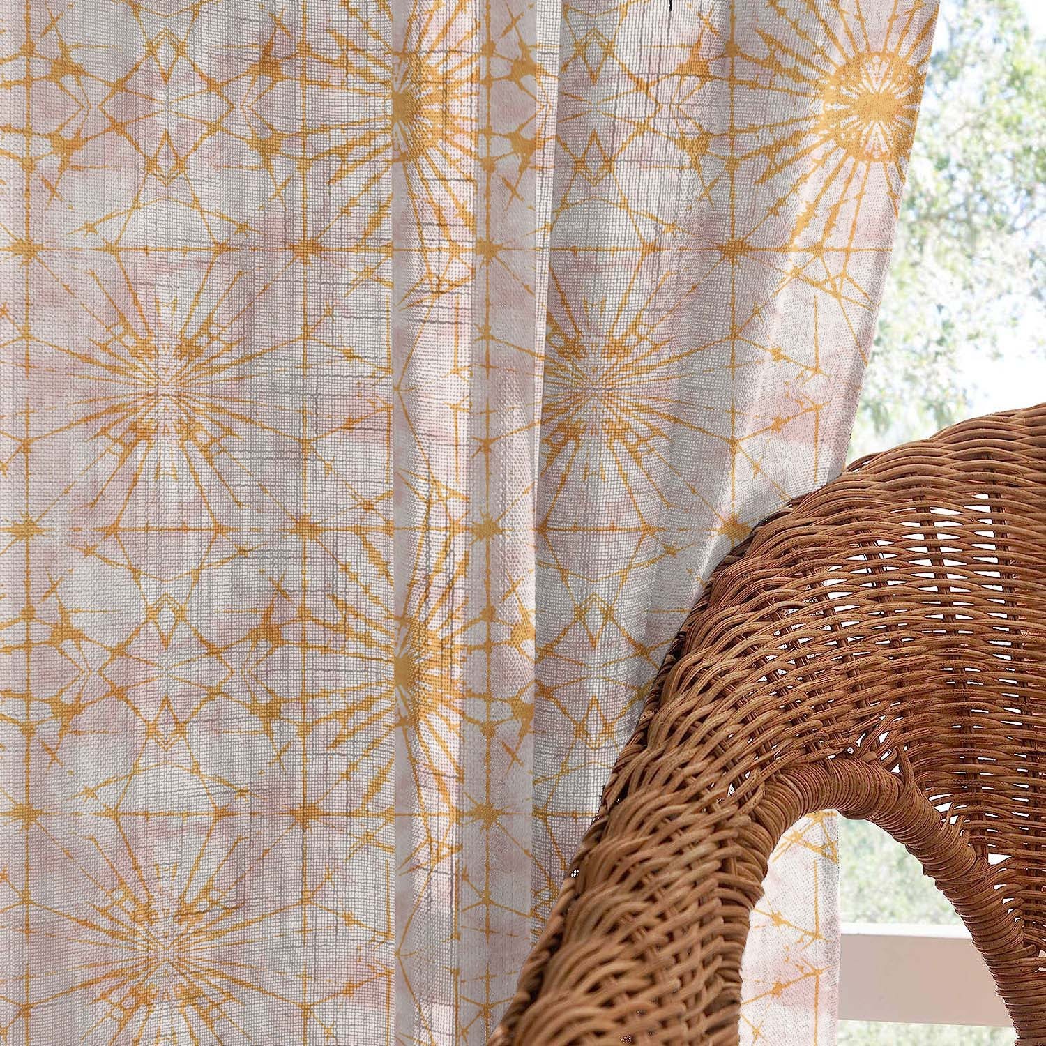 DyeDreams Geometric Harvest Gold Linen Sheer Curtain Set of 2 -(DS557A)