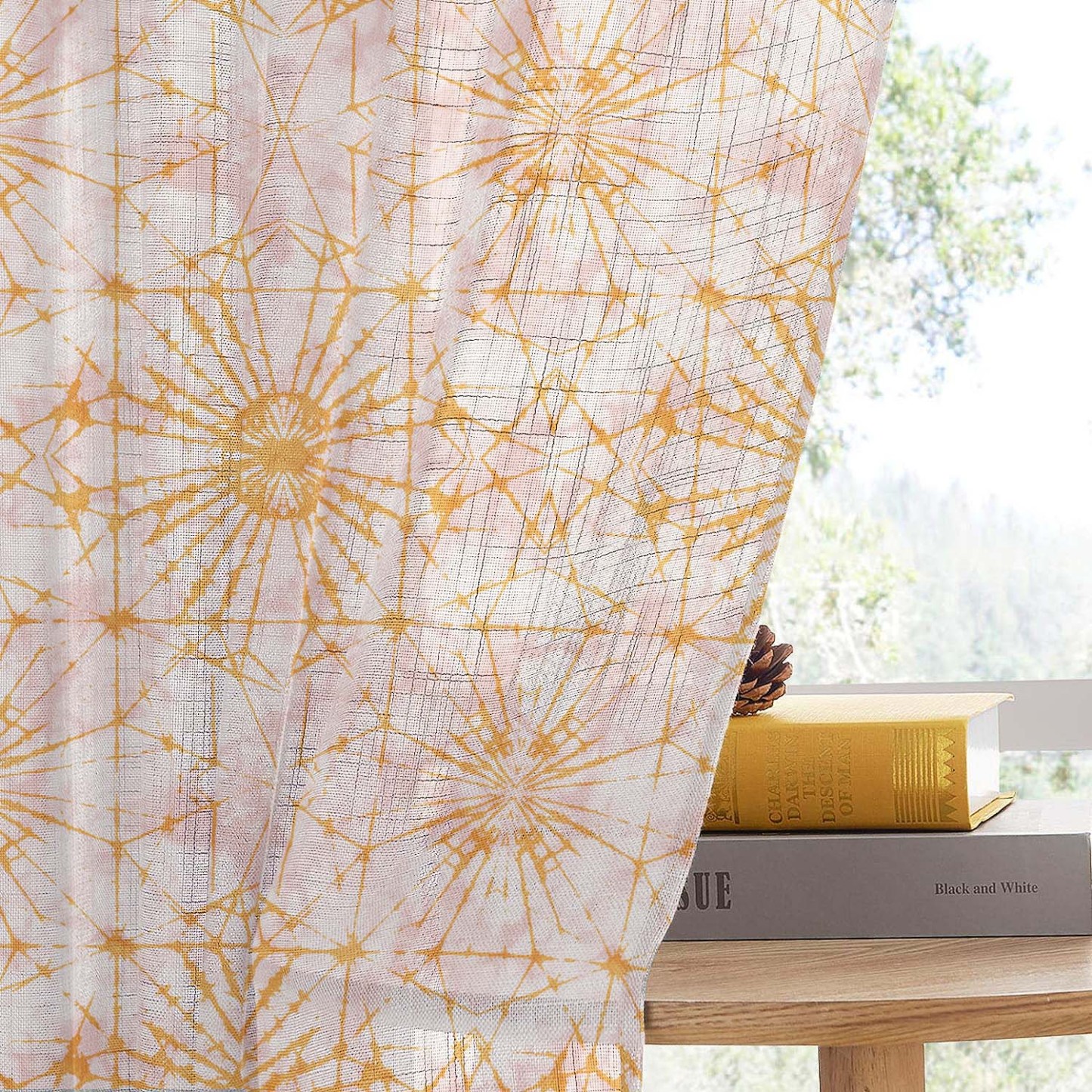 DyeDreams Geometric Harvest Gold Linen Sheer Curtain Set of 2 -(DS557A)